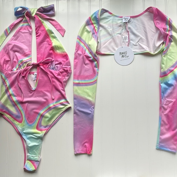 Princess Polly Two Piece Set Pink Multi Color Bodysuit and Cardigan - Picture 4 of 12
